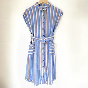 Linen Belted Button Down Striped Collared Dress Blue Red White Pockets Large